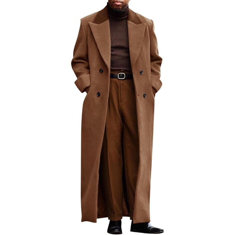 🆕Men's Coffee Full-Length Double-Breasted Trench Coat with Notched Lapel